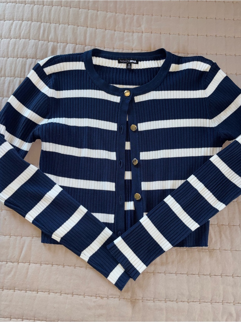 Fashion Nova Navy & White Striped Cropped Cardigan